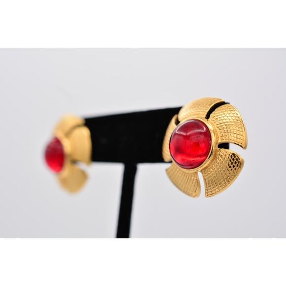 Sarah Cov Vintage Flower Red Cabochon Earrings Post Gold SC Signed 1980s BinAZ - Picture 2 of 12